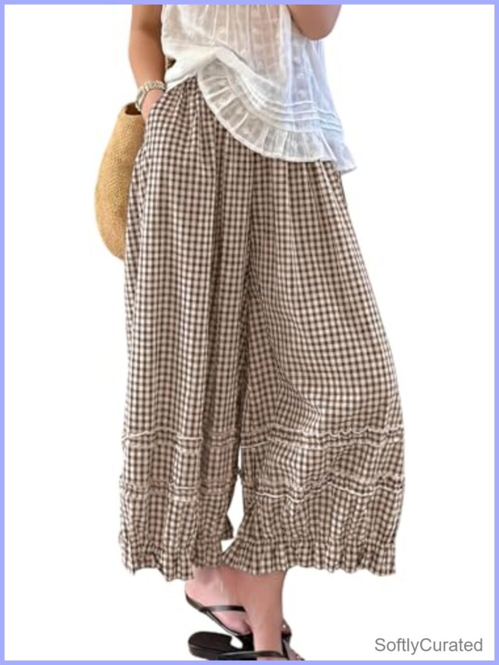 Ruffle Hem Crop Wide Leg Palazzo Pants Cotton Linen Beach
